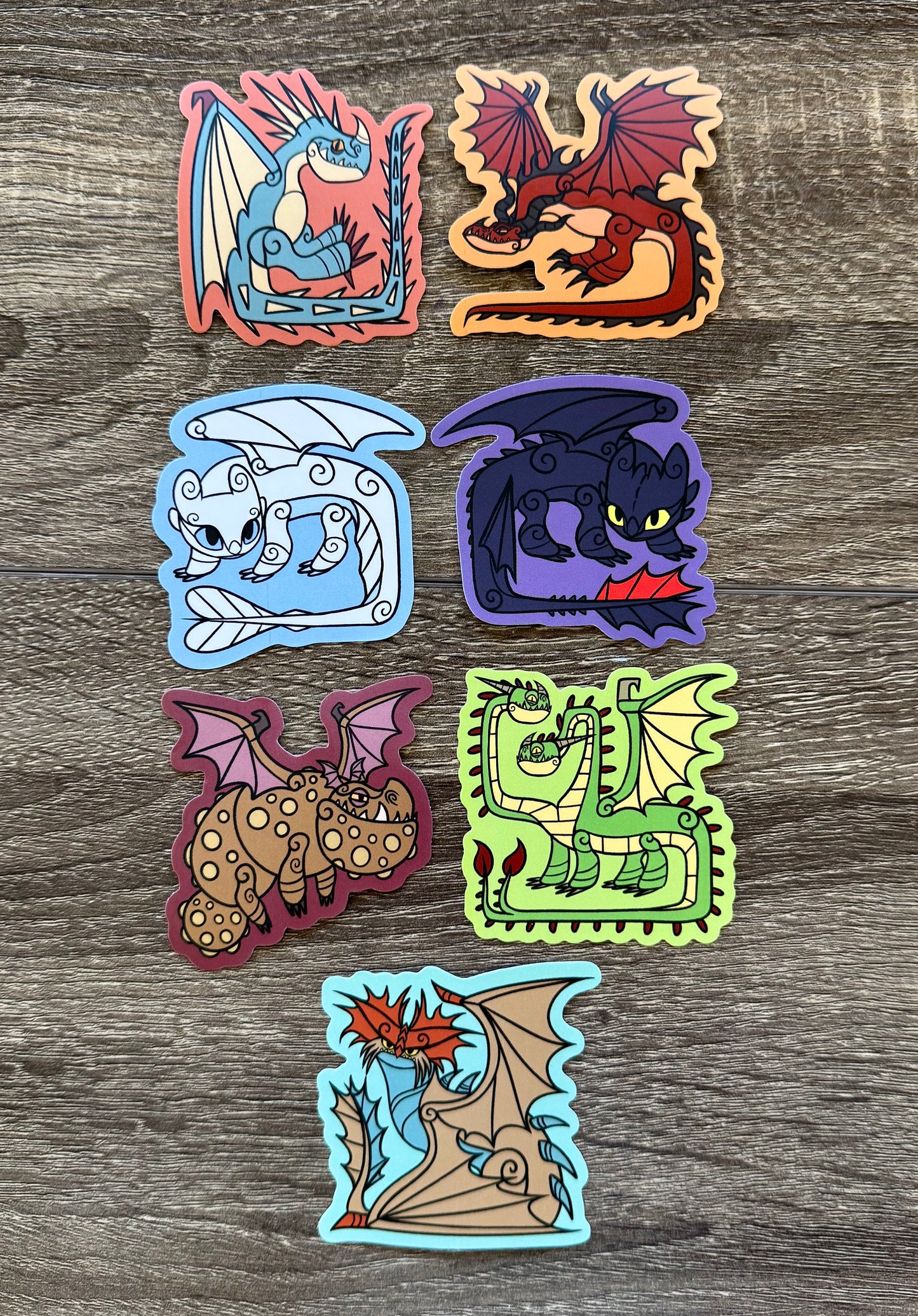 HTTYD Inspired Sticker Set: Toothless, Light Fury, Stormfly, Hookfang, Barf and Belch, Cloudjumper and Meatlug, 7 Stickers