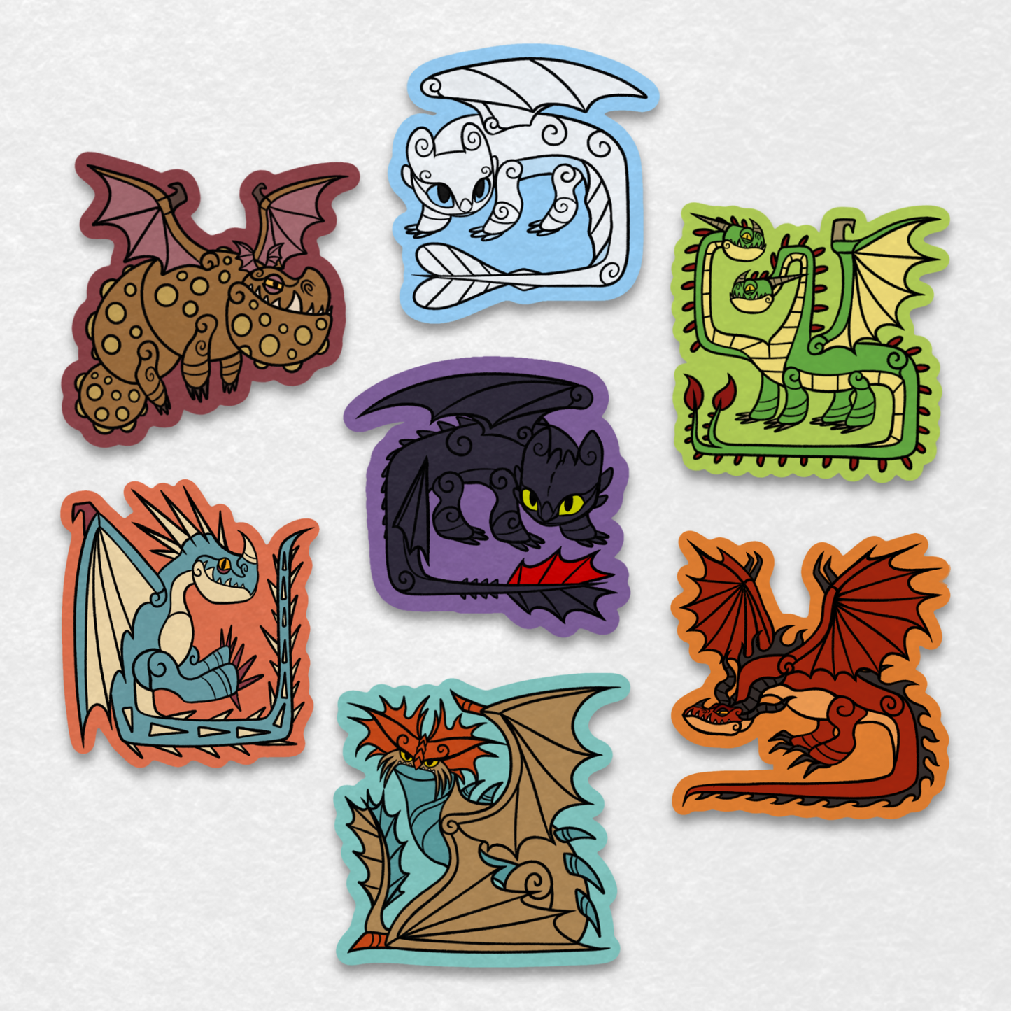 HTTYD Inspired Sticker Set: Toothless, Light Fury, Stormfly, Hookfang, Barf and Belch, Cloudjumper and Meatlug, 7 Stickers